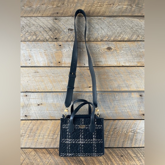 Guess Tweed Silvana Small tote Handbag Adjustable Strap Crossbody Black - Picture 3 of 13